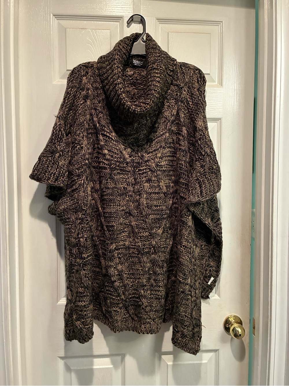 Basico Marled Brown Cable Knit Cowl-Neck Poncho